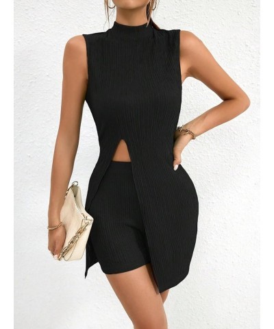 Women's 2 Piece Outfits Mock Neck Split Hem Vacation Set Tank Top and Bodycon Shorts Sets Black $18.55 Jumpsuits