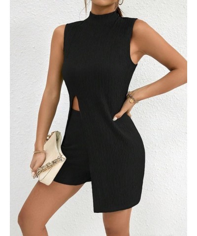 Women's 2 Piece Outfits Mock Neck Split Hem Vacation Set Tank Top and Bodycon Shorts Sets Black $18.55 Jumpsuits