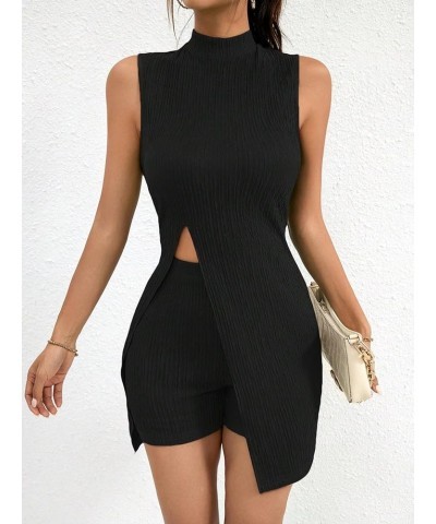 Women's 2 Piece Outfits Mock Neck Split Hem Vacation Set Tank Top and Bodycon Shorts Sets Black $18.55 Jumpsuits