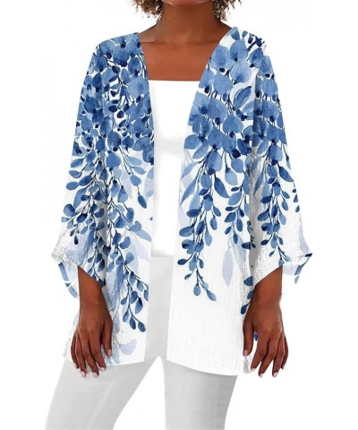 Womens 2024 Summer Floral Printed Cardigan Long Sleeve Kimono Loose Cover Up Casual Blouse Tops Cruise Outfits G Blue $9.43 S...