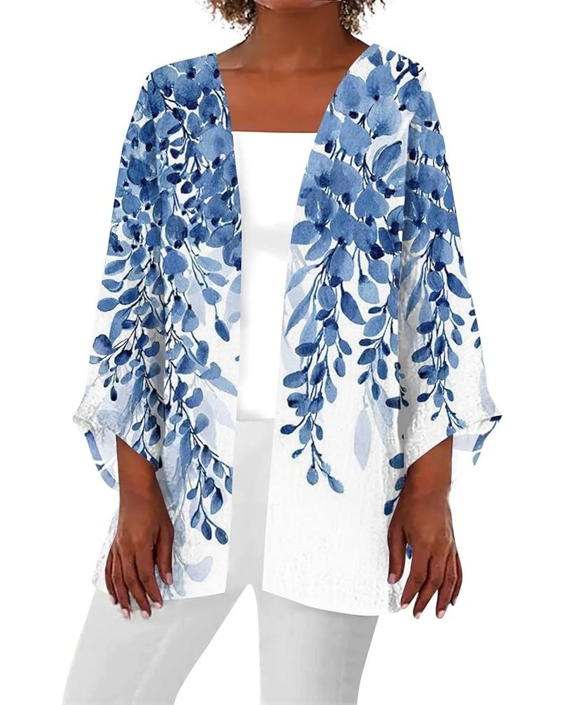 Womens 2024 Summer Floral Printed Cardigan Long Sleeve Kimono Loose Cover Up Casual Blouse Tops Cruise Outfits G Blue $9.43 S...