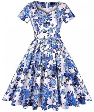 Women's 1950s Retro Vintage Rockabilly Sweetheart Cocktail Dress with Pockets Short Sleeve - Floral White Blue $21.41 Dresses