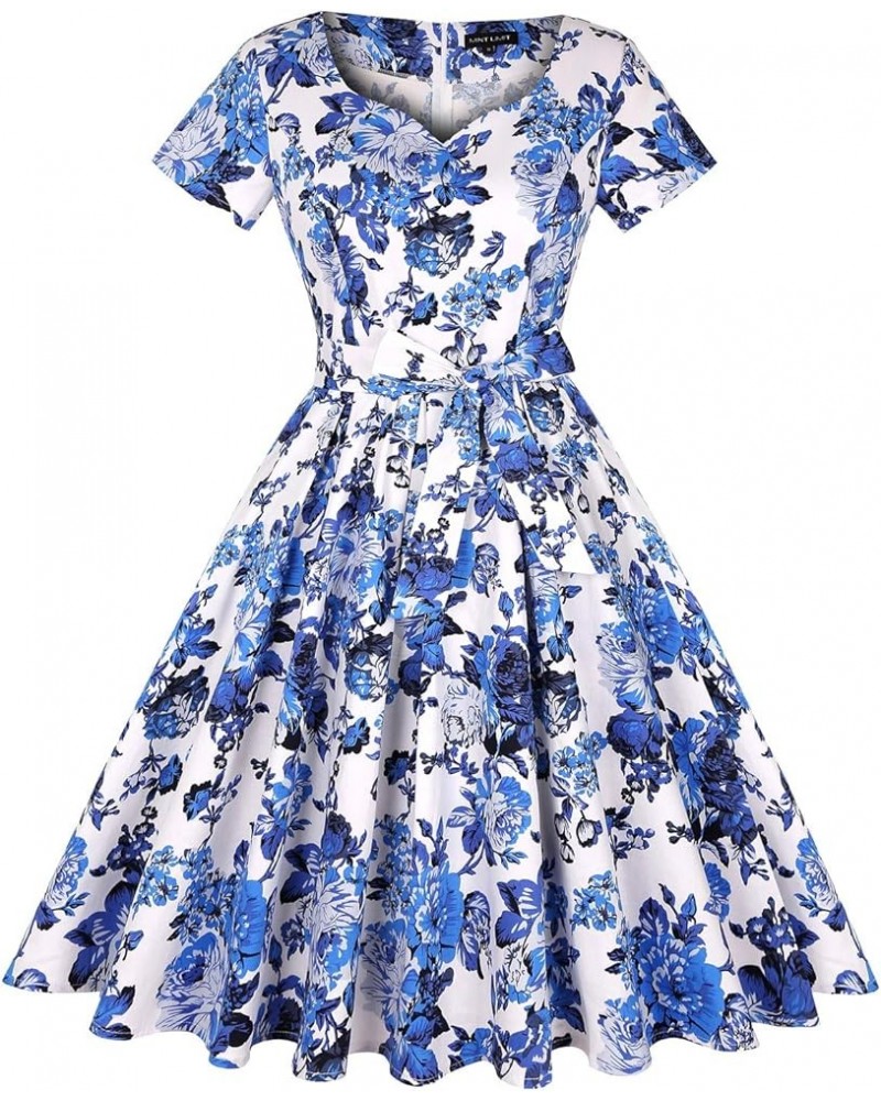 Women's 1950s Retro Vintage Rockabilly Sweetheart Cocktail Dress with Pockets Short Sleeve - Floral White Blue $21.41 Dresses