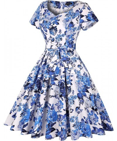 Women's 1950s Retro Vintage Rockabilly Sweetheart Cocktail Dress with Pockets Short Sleeve - Floral White Blue $21.41 Dresses