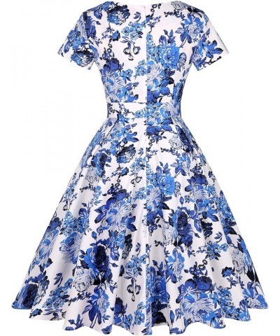 Women's 1950s Retro Vintage Rockabilly Sweetheart Cocktail Dress with Pockets Short Sleeve - Floral White Blue $21.41 Dresses