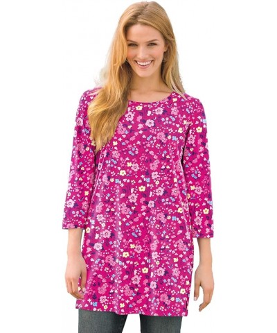 Women's Plus Size Perfect Printed Three-Quarter-Sleeve Scoopneck Tunic Raspberry Sorbet Field Floral $12.36 Tops