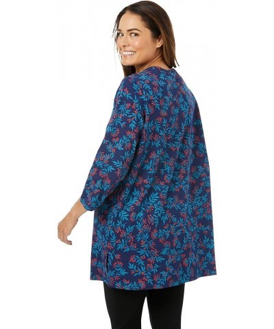 Women's Plus Size Perfect Printed Three-Quarter-Sleeve Scoopneck Tunic Raspberry Sorbet Field Floral $12.36 Tops