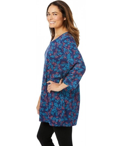 Women's Plus Size Perfect Printed Three-Quarter-Sleeve Scoopneck Tunic Raspberry Sorbet Field Floral $12.36 Tops