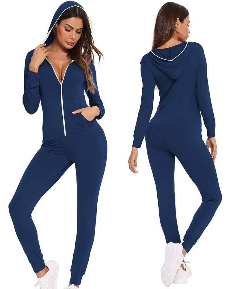 Womens Pajamas Jumpsuits Zip-up Hoodie Union Jumpsuit Romper Long Sleeve Sexy Onesie Bodysuits One Piece Sleepwear Navy Blue ...