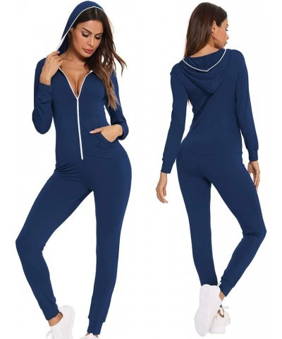 Womens Pajamas Jumpsuits Zip-up Hoodie Union Jumpsuit Romper Long Sleeve Sexy Onesie Bodysuits One Piece Sleepwear Navy Blue ...