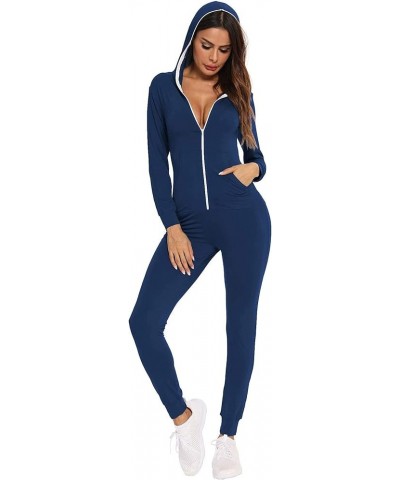 Womens Pajamas Jumpsuits Zip-up Hoodie Union Jumpsuit Romper Long Sleeve Sexy Onesie Bodysuits One Piece Sleepwear Navy Blue ...