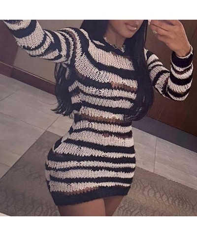 Women's Sexy Stripes Sheer Hollow Out Knit Slim Sweater Mini Dresses White $13.50 Sweaters