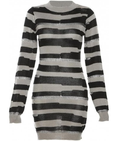 Women's Sexy Stripes Sheer Hollow Out Knit Slim Sweater Mini Dresses White $13.50 Sweaters