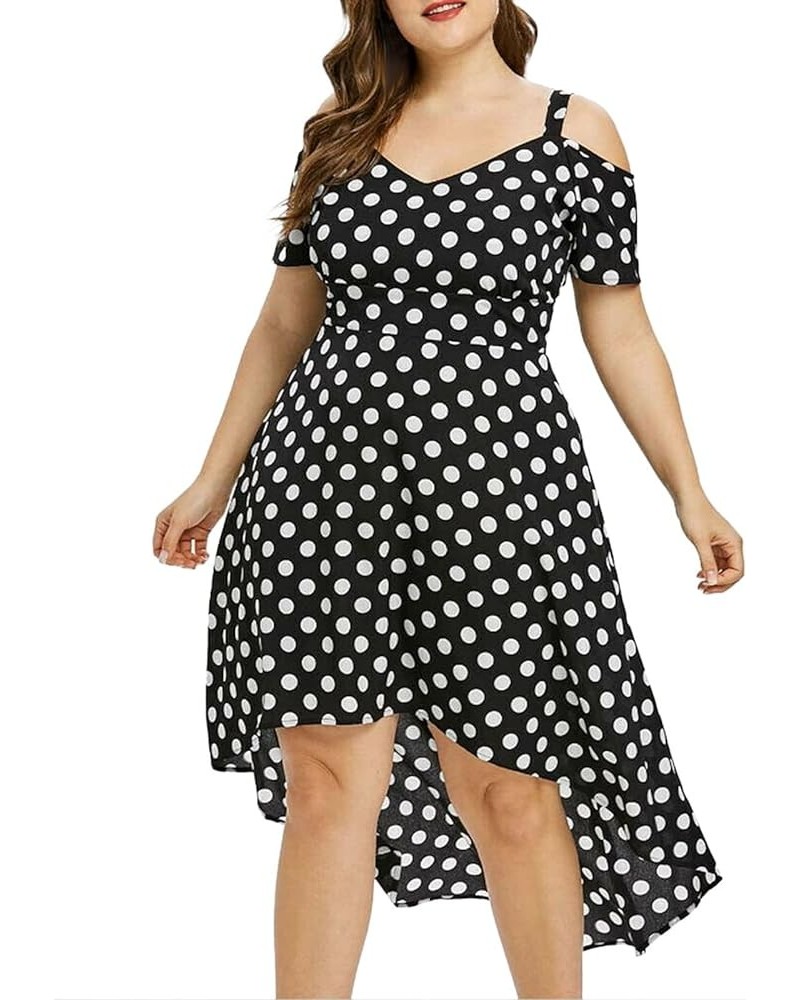 Womens Plus Size Polka Dot Print Midi Dress Button Lace-Up Waist V-Neck Flowy Loose Elegant Casual Summer Dress 1-black $13.5...