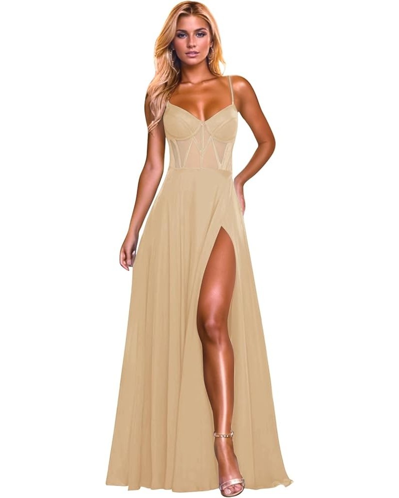 Prom Dresses Long for Women with Slit Chiffon A-Line Corset Spaghetti Straps Formal Evening Gown Champagne $35.25 Dresses