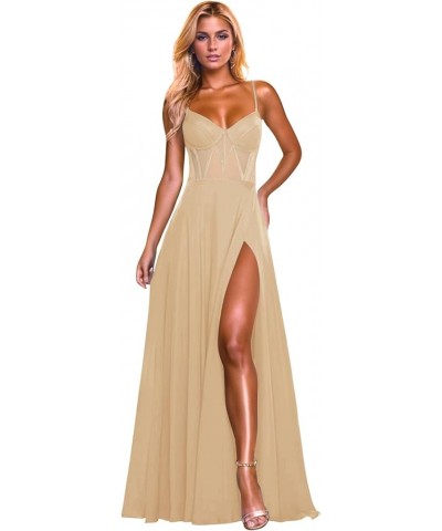 Prom Dresses Long for Women with Slit Chiffon A-Line Corset Spaghetti Straps Formal Evening Gown Champagne $35.25 Dresses