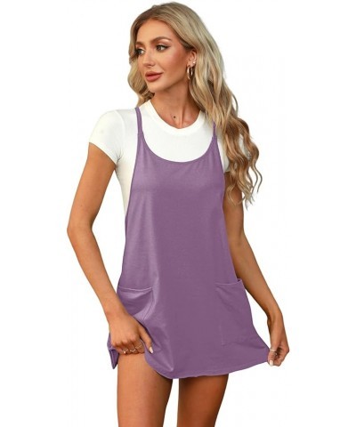 Womens Casual Athletic Summer Dresses Spaghetti Straps Scoop Neck Sleeveless Hot Shot Mini Dress with Oversized Pockets Laven...