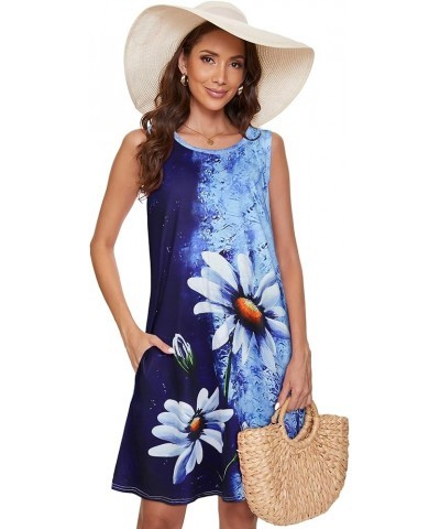 Women's Summer Dresses 2024 Beach Casual Sleeveless Floral Print Tank Loose Sundress with Pocket Blue Flower $16.79 Dresses