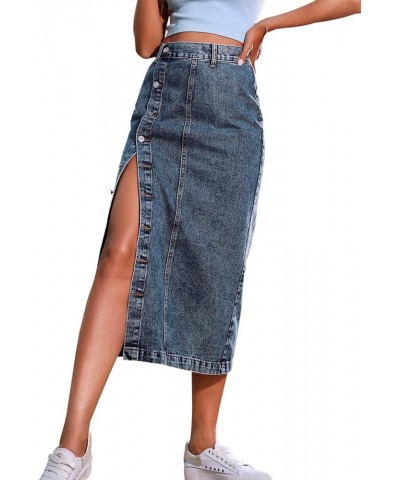 Women's Casual Slit Denim Midi Jean Skirt Button Up Stretch High Waist Frayed with Pockets 2642greyblue $14.83 Skirts