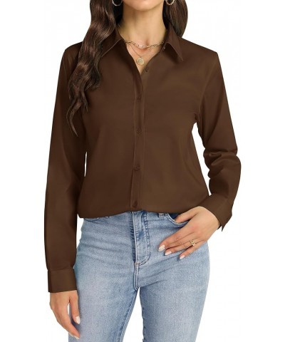 Womens Button Down Shirt Long Sleeve Dress Shirts Stretch Solid Work Blouse Coffee $11.07 Blouses