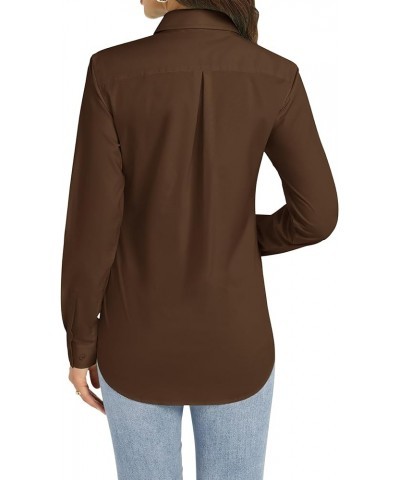 Womens Button Down Shirt Long Sleeve Dress Shirts Stretch Solid Work Blouse Coffee $11.07 Blouses