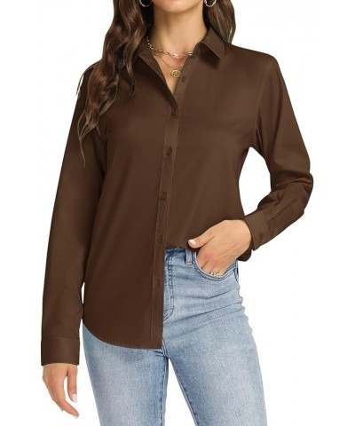 Womens Button Down Shirt Long Sleeve Dress Shirts Stretch Solid Work Blouse Coffee $11.07 Blouses