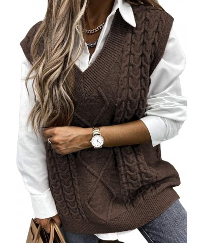 Womens V Neck Cable Knit Sweater Vest Solid Color Oversized Sweater Casual Sleeveless Pullover Tops Pure Brown $21.08 Sweaters