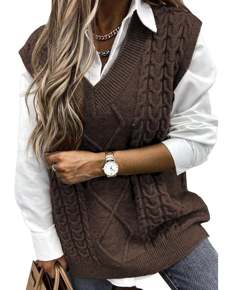 Womens V Neck Cable Knit Sweater Vest Solid Color Oversized Sweater Casual Sleeveless Pullover Tops Pure Brown $21.08 Sweaters