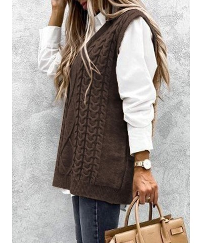 Womens V Neck Cable Knit Sweater Vest Solid Color Oversized Sweater Casual Sleeveless Pullover Tops Pure Brown $21.08 Sweaters