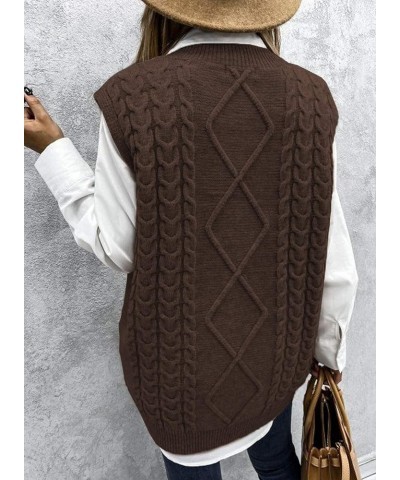 Womens V Neck Cable Knit Sweater Vest Solid Color Oversized Sweater Casual Sleeveless Pullover Tops Pure Brown $21.08 Sweaters