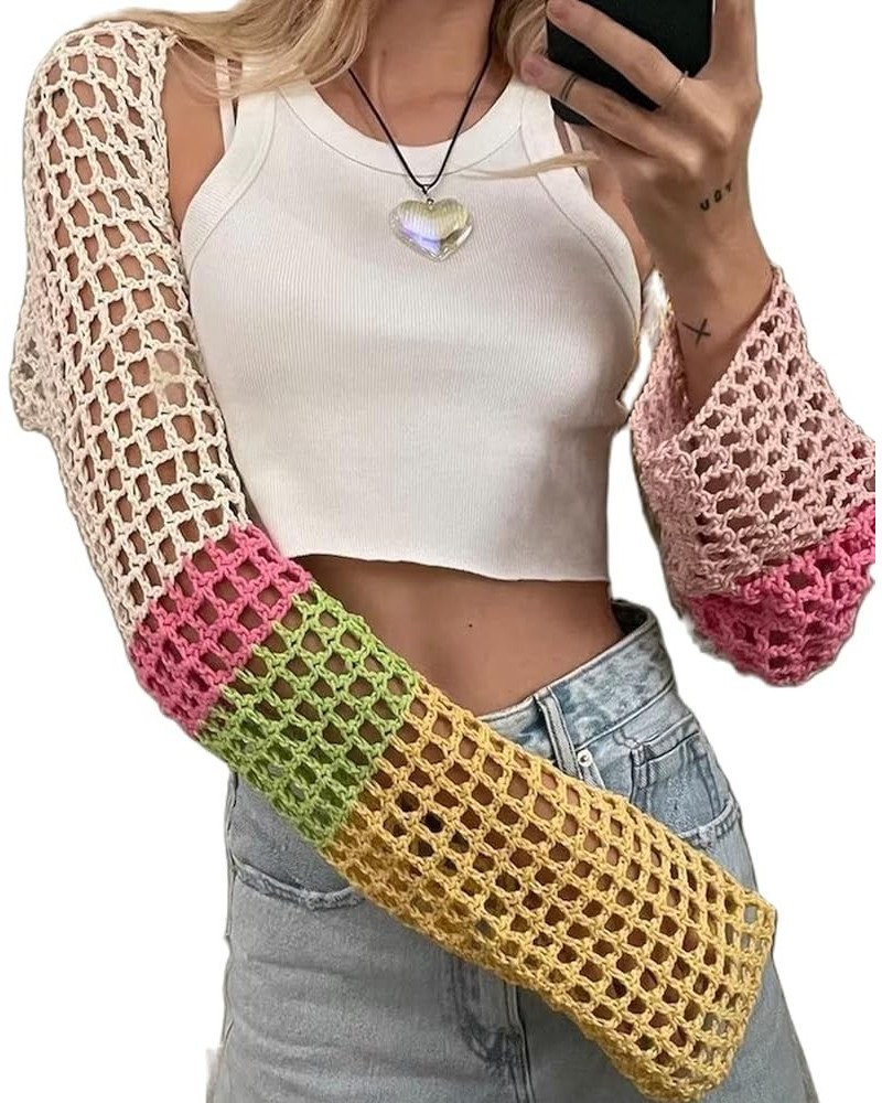 Women Y2K Crochet Shrug Sweater Knitted Long Sleeve Solid Color Open Front Cropped Cardigan Crop Tops Streetwear G Colorful $...