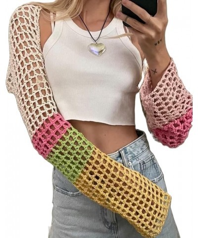 Women Y2K Crochet Shrug Sweater Knitted Long Sleeve Solid Color Open Front Cropped Cardigan Crop Tops Streetwear G Colorful $...