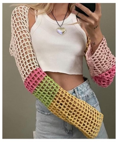 Women Y2K Crochet Shrug Sweater Knitted Long Sleeve Solid Color Open Front Cropped Cardigan Crop Tops Streetwear G Colorful $...