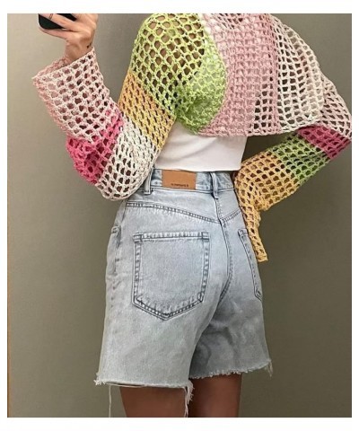 Women Y2K Crochet Shrug Sweater Knitted Long Sleeve Solid Color Open Front Cropped Cardigan Crop Tops Streetwear G Colorful $...