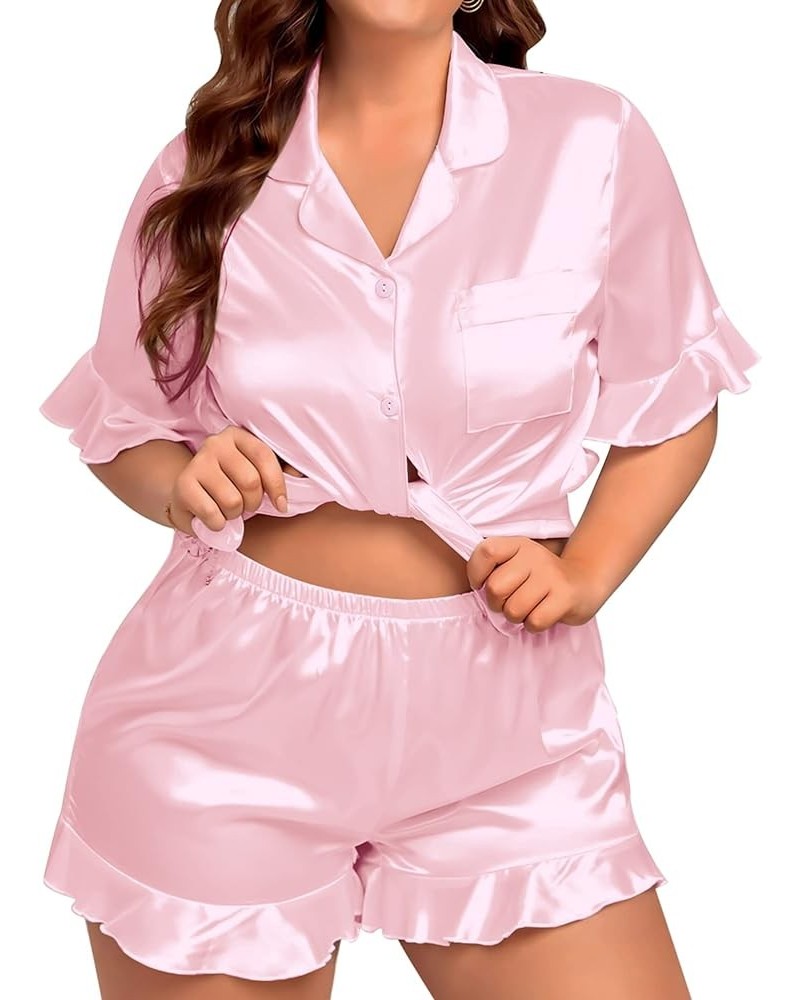 Womens Plus Size Pajamas Satin Silk Short Sleeve Pjs Sets Ruffle Shorts Plus 2 Piece Sleepwear Summer Pj with Pocket Pink $14...