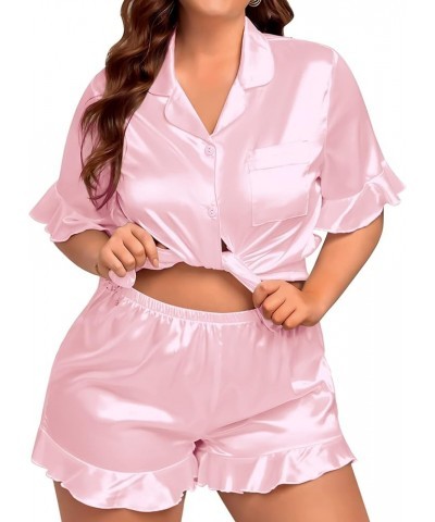 Womens Plus Size Pajamas Satin Silk Short Sleeve Pjs Sets Ruffle Shorts Plus 2 Piece Sleepwear Summer Pj with Pocket Pink $14...