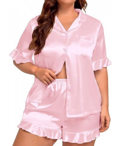 Womens Plus Size Pajamas Satin Silk Short Sleeve Pjs Sets Ruffle Shorts Plus 2 Piece Sleepwear Summer Pj with Pocket Pink $14...