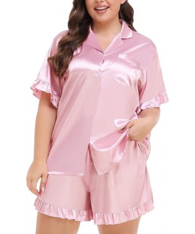 Womens Plus Size Pajamas Satin Silk Short Sleeve Pjs Sets Ruffle Shorts Plus 2 Piece Sleepwear Summer Pj with Pocket Pink $14...