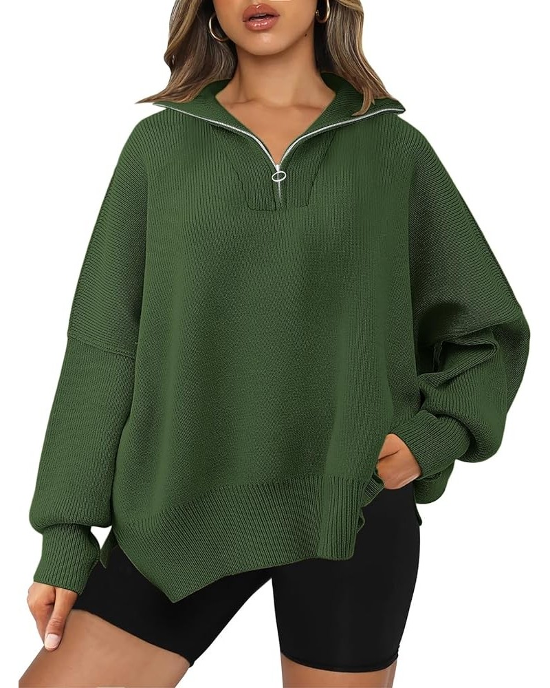 Women's Oversized Quarter Zip Pullover 2023 Fall Long Sleeve Collar Split Hem Slouchy Sweatshirt Knit Sweater Army Green $18....