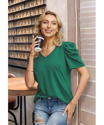 Women's Summer V Neck Tshirts Casual Puff Sleeve Tops Shirts Dark Green $13.12 T-Shirts