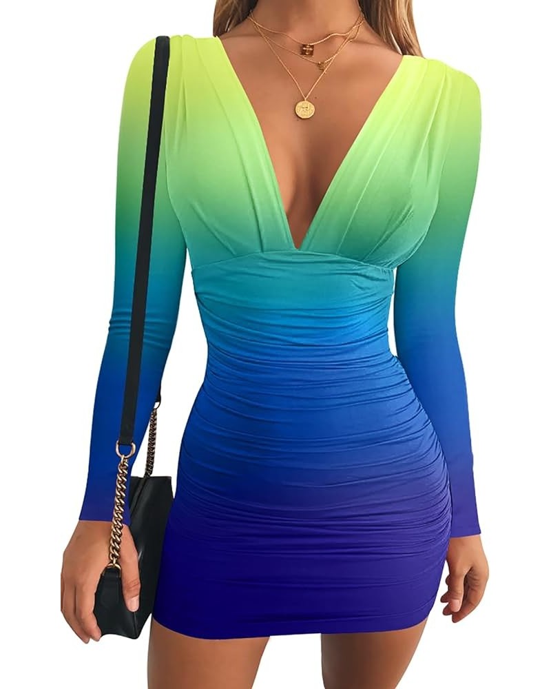 Women's Sexy Long Sleeve V Neck Ruched Bodycon Mini Party Cocktail Dress Yellow Green $20.29 Dresses