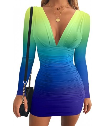 Women's Sexy Long Sleeve V Neck Ruched Bodycon Mini Party Cocktail Dress Yellow Green $20.29 Dresses