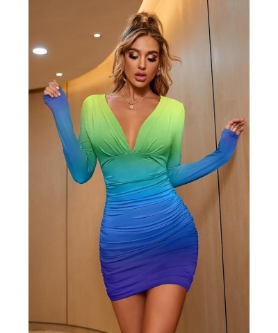 Women's Sexy Long Sleeve V Neck Ruched Bodycon Mini Party Cocktail Dress Yellow Green $20.29 Dresses