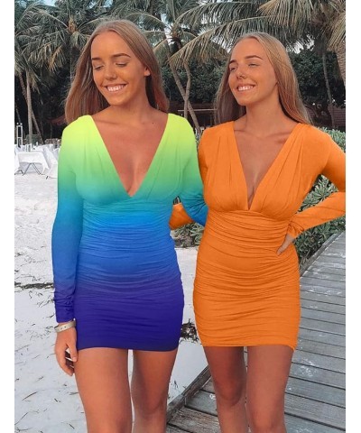 Women's Sexy Long Sleeve V Neck Ruched Bodycon Mini Party Cocktail Dress Yellow Green $20.29 Dresses