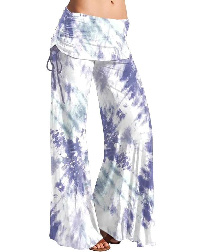 Palazzo Pants for Women Casual Stretchy Ladies Fashion Stripe Tie Dye Printed Loose Fit Lace up Low Waist Wide Light Blue $9....