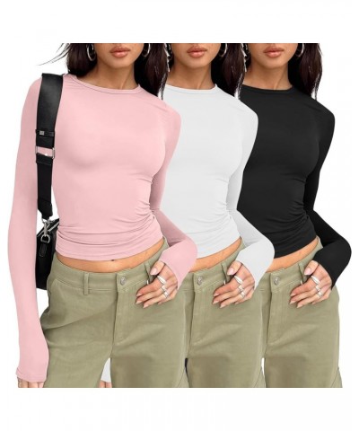 3 Pieces Women Solid Basic Crop Tops Shirts Going Out Spring Fashion Layer Slim Fit Y2k Long Sleeve Crew Neck Top $3pc-pink W...