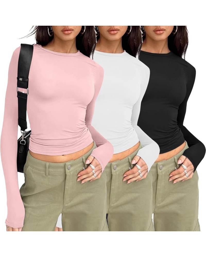 3 Pieces Women Solid Basic Crop Tops Shirts Going Out Spring Fashion Layer Slim Fit Y2k Long Sleeve Crew Neck Top $3pc-pink W...