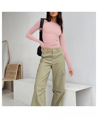 3 Pieces Women Solid Basic Crop Tops Shirts Going Out Spring Fashion Layer Slim Fit Y2k Long Sleeve Crew Neck Top $3pc-pink W...