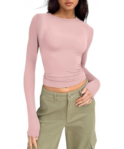 3 Pieces Women Solid Basic Crop Tops Shirts Going Out Spring Fashion Layer Slim Fit Y2k Long Sleeve Crew Neck Top $3pc-pink W...