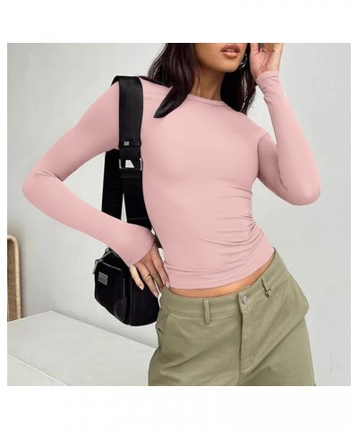 3 Pieces Women Solid Basic Crop Tops Shirts Going Out Spring Fashion Layer Slim Fit Y2k Long Sleeve Crew Neck Top $3pc-pink W...